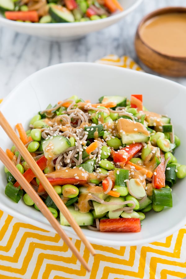 Spiralized Vegetable Noodle Bowls With Peanut Sauce - Domestic Gothess