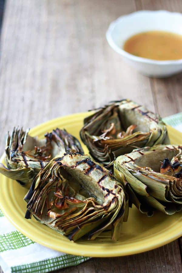 Grilled Artichokes with Roasted Garlic Olive Oil Dip