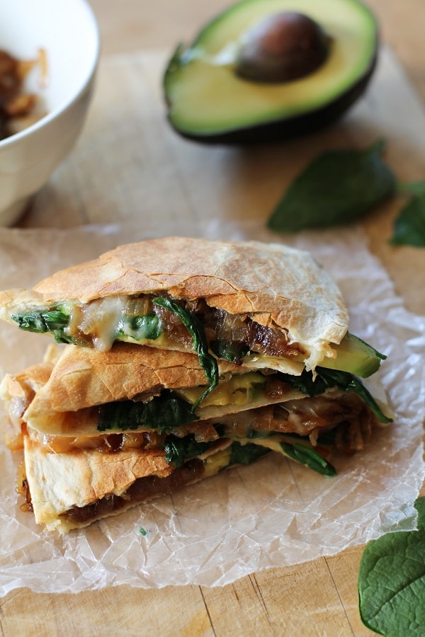 Caramelized Onion, Spinach, and Avocado Quesadillas