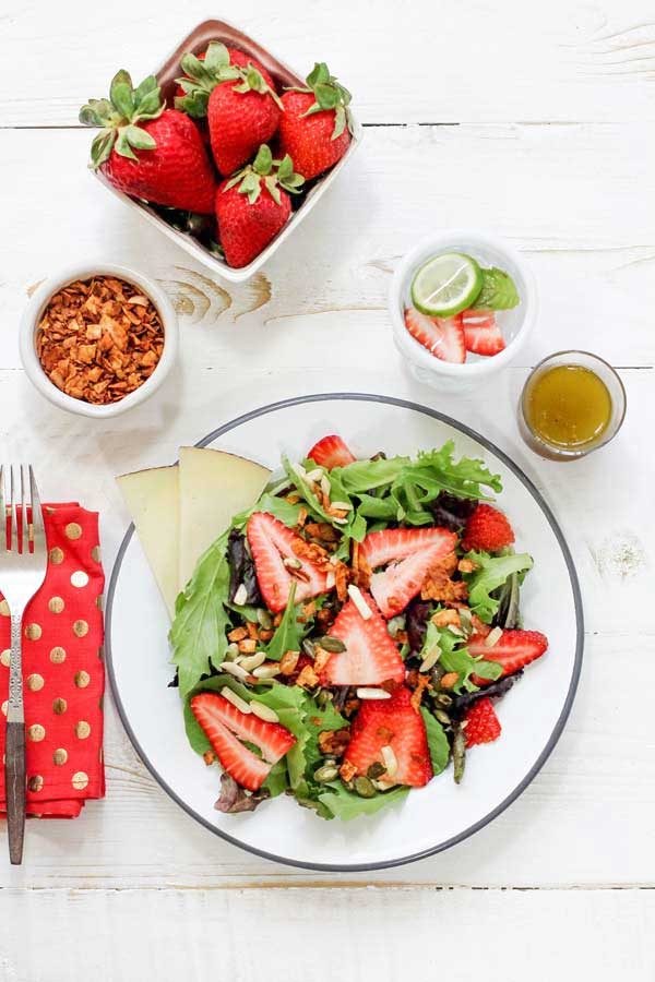 Strawberry Salad with Coconut Bacon & Black Pepper Vinaigrette