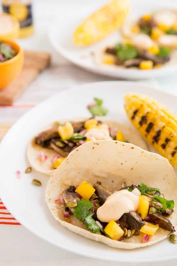 Grilled Mushroom Tacos with Pepita Relish & Chipotle Crema