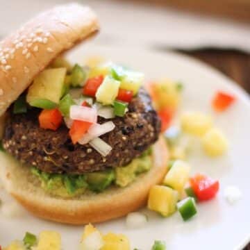 Sprouted Quinoa Black Bean Burgers with Pineapple Salsa