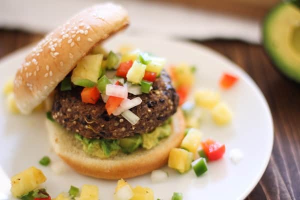 Sprouted Quinoa Black Bean Burgers with Pineapple Salsa