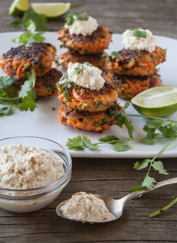 Carrot Fritters with Cumin-Lime Cashew Cream