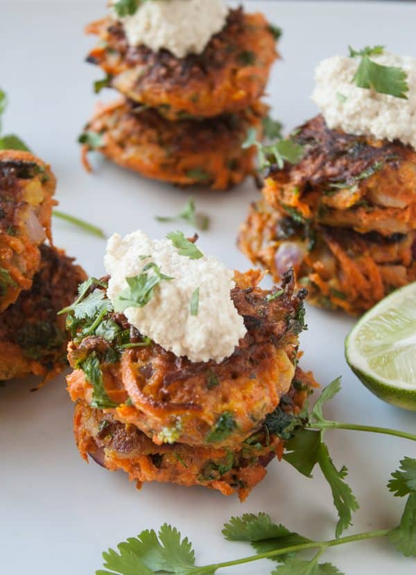 Carrot Fritters with Cumin-Lime Cashew Cream