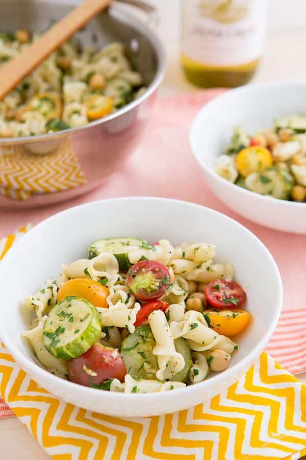 Braised Zucchini, Cherry Tomato, and Chickpea Pasta