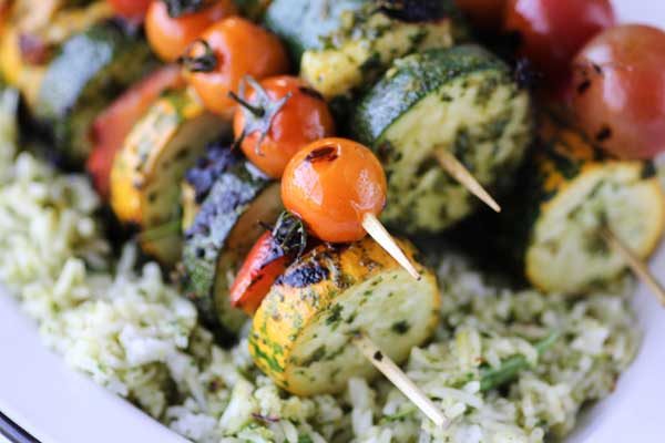 Chermoula Veggie Kebabs with Halloumi over rice