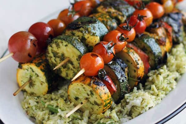 Halloumi-and-Vegetable Skewers with Pomegranate-Tahini Sauce