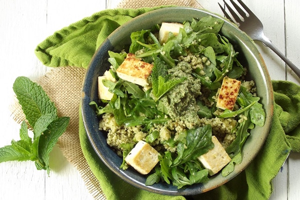 Mint Pesto Couscous with Tofu and Arugula