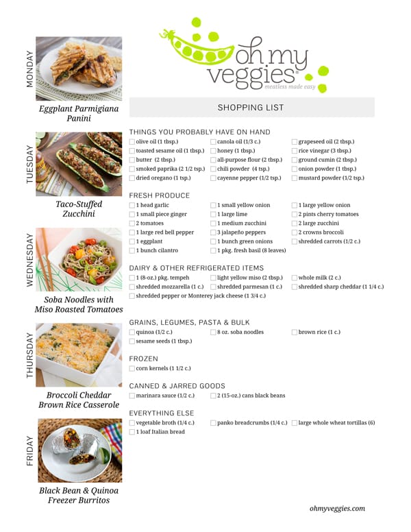 Vegetarian Meal Plan & Shopping List - 08.04.14