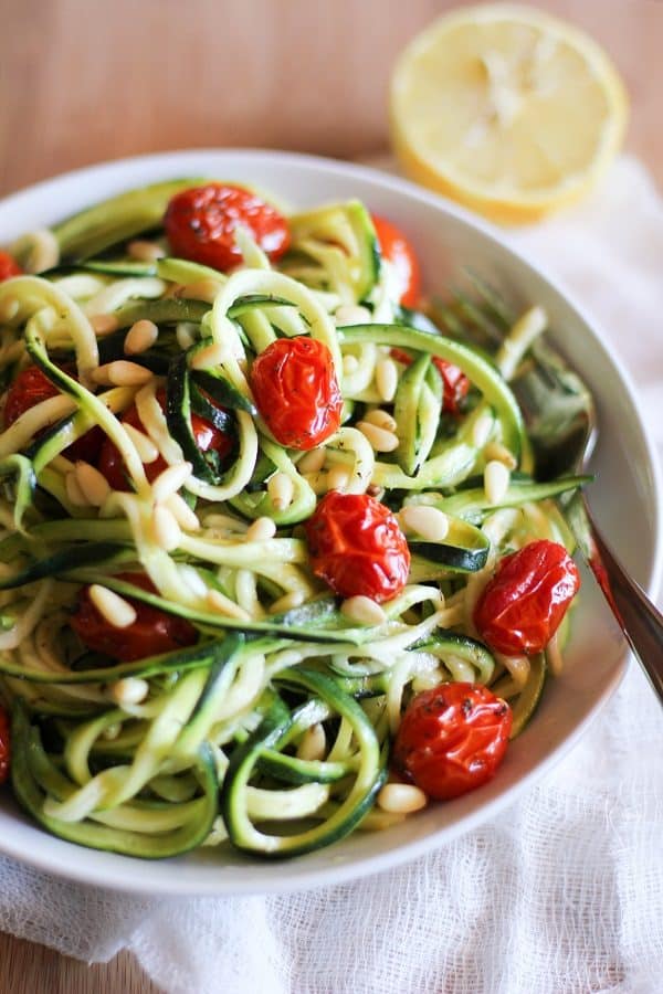Zucchini Noodles with Roasted Tomatoes and Lemon-Garlic Sauce
