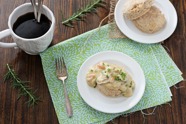 Biscuits and Gravy sitting on white plate with fork