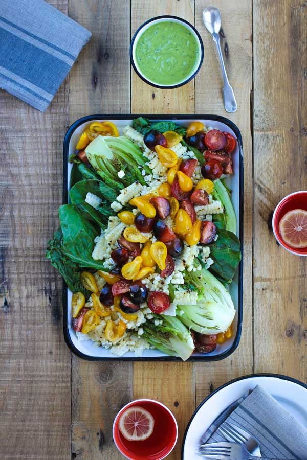 Grilled Romaine Salad with Creamy Avocado Basil Dressing