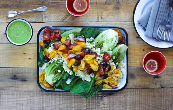 Grilled Romaine Salad with Creamy Avocado Basil Dressing