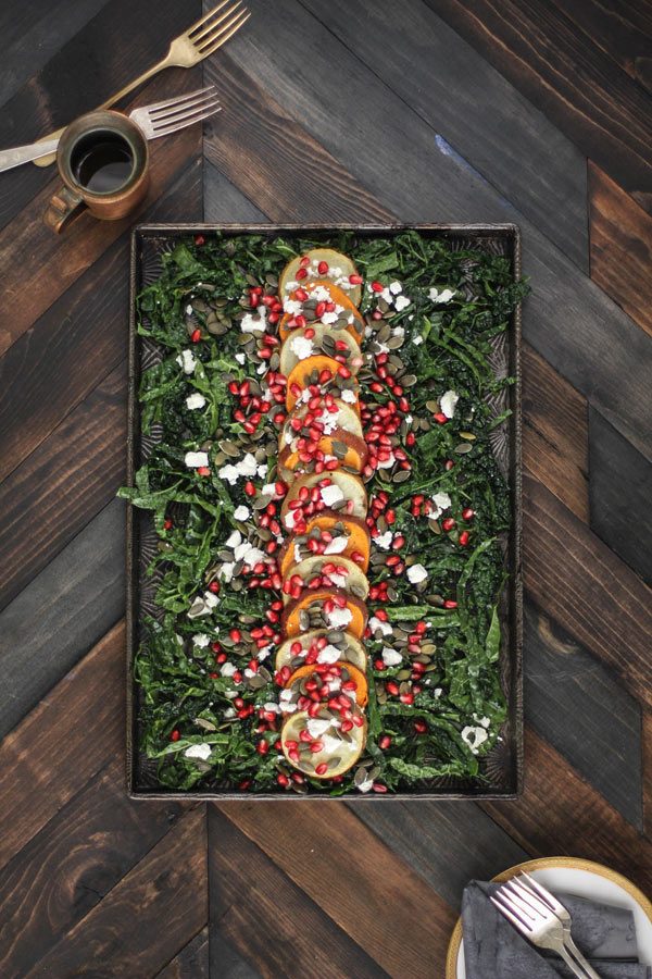 Roasted Sweet Potato, Pomegranate, and Massaged Kale Salad