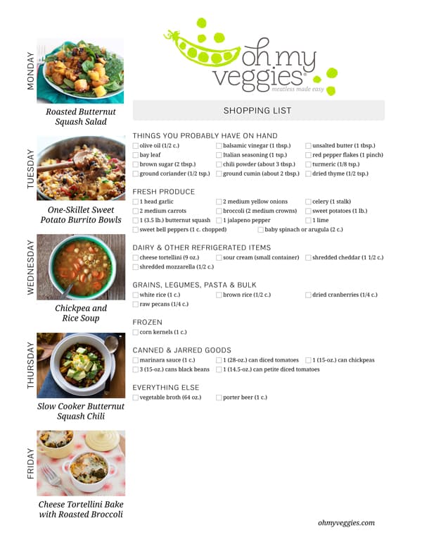 Vegetarian Meal Plan & Shopping List - 10.20.14