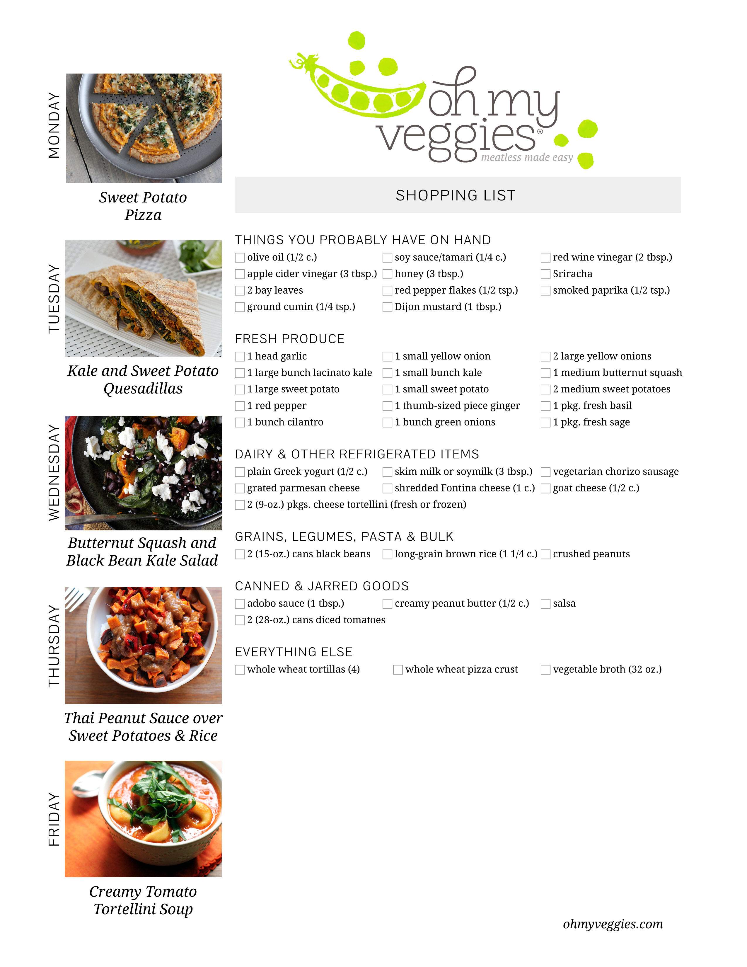 Vegetarian Meal Plan & Shopping List - 10.13.14