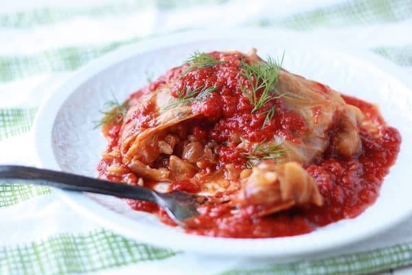 Slow Cooker Mushrooom-Lentil Stuffed Cabbage Rolls