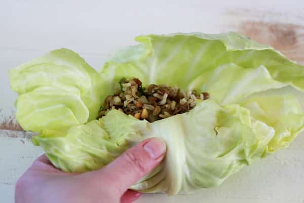 Slow Cooker Mushrooom-Lentil Stuffed Cabbage Rolls