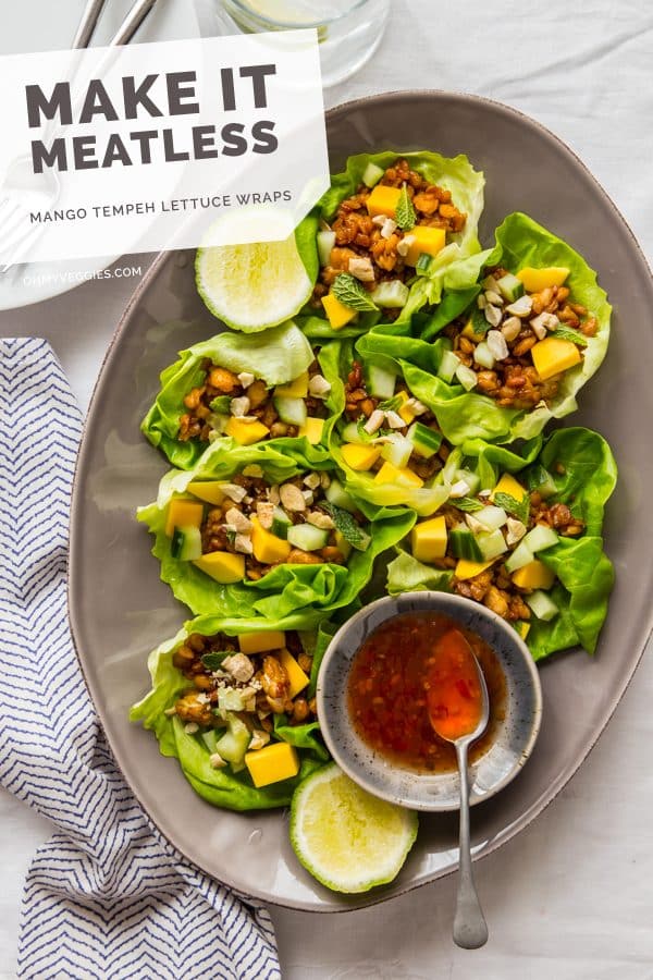 Mango Tempeh Lettuce Wraps being served on a platter
