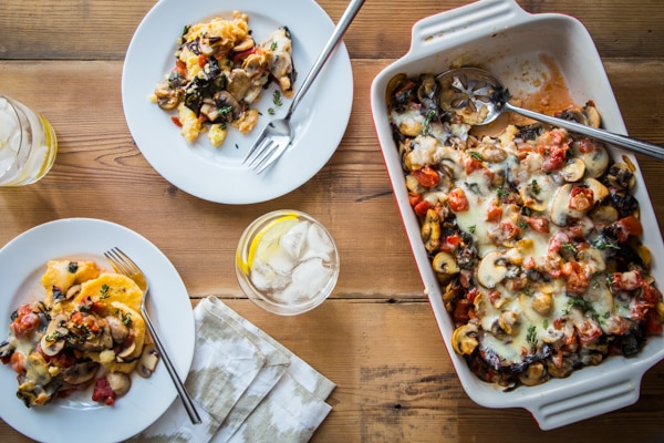 Rustic Polenta Casserole with Mushrooms and Swiss Chard