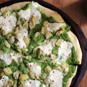Spring Pizza with Lemony Pea Pesto and Artichoke Hearts