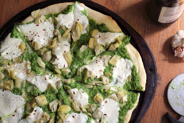 Spring Pizza with Lemony Pea Pesto and Artichoke Hearts