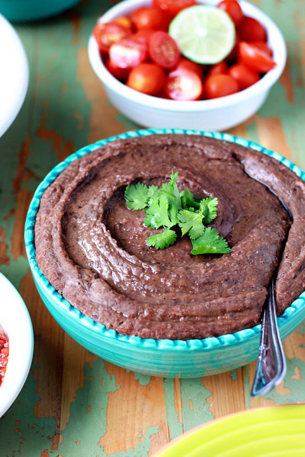 Slow Cooker Smoky Refried Black Beans + Self-Serve Tostadas