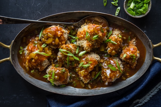 dish of baked gobi Manchurian with spicy sauce