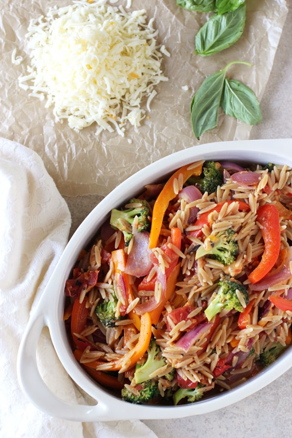 Cheesy Broccoli and Pepper Baked Orzo