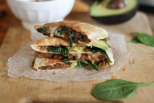 Caramelized Onion, Spinach and Avocado Quesadillas