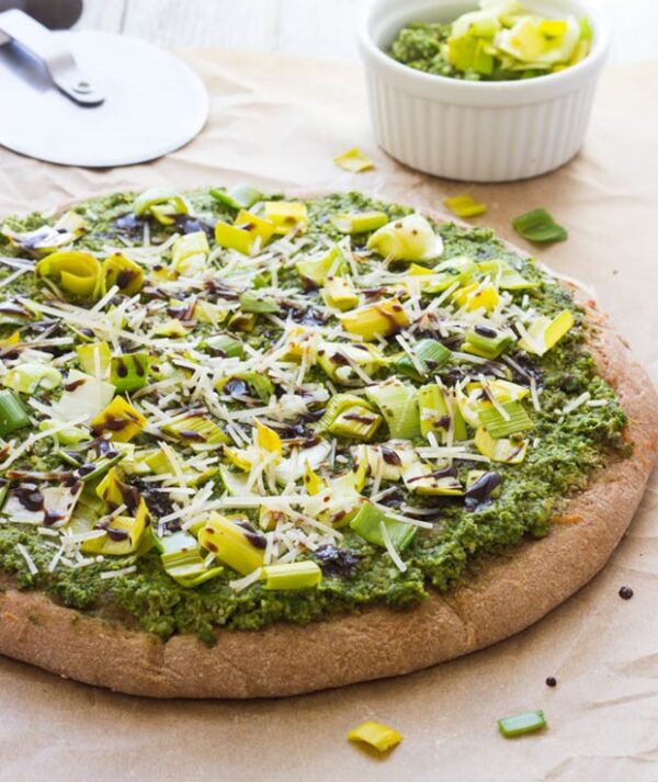 Mustard Green and Pea Pesto Pizza
