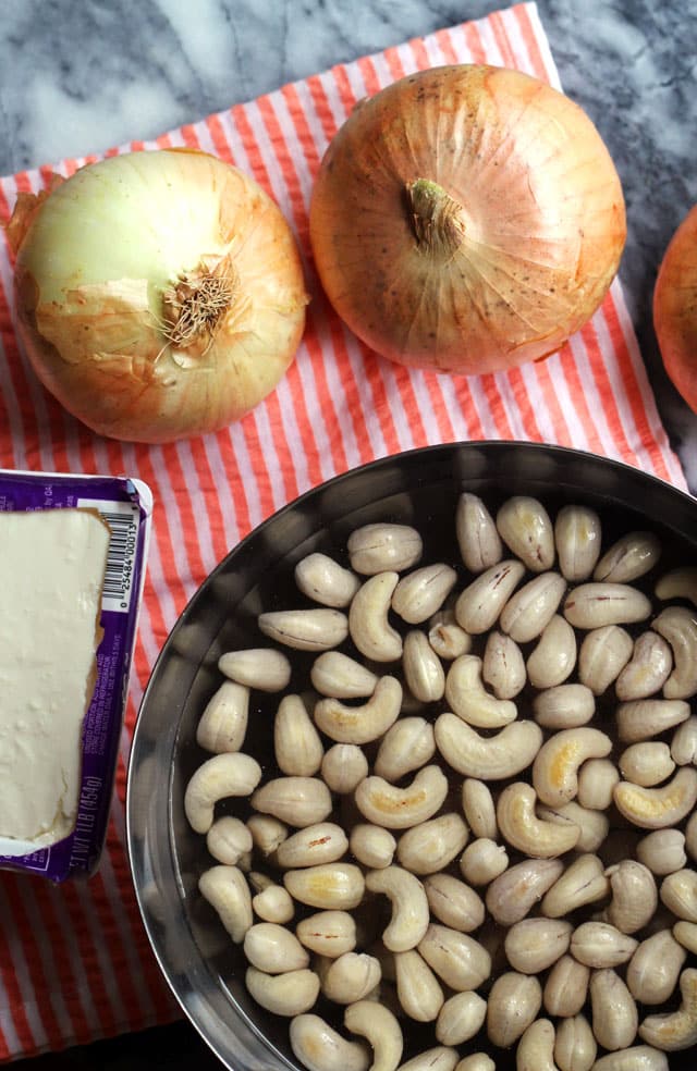 soaking the raw cashews for vegan french onion dip