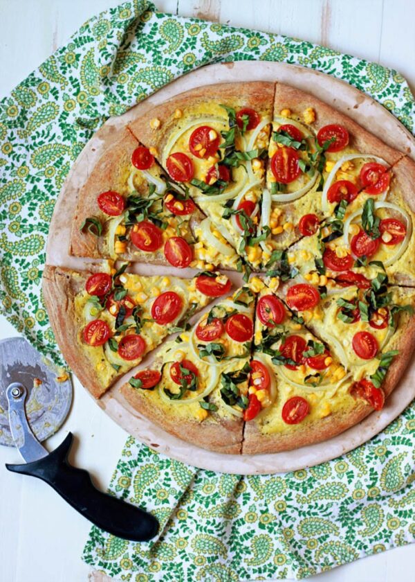 Vegan Summer Pizza with Corn, Tomatoes and Basil
