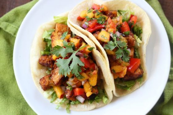 Chipotle Tempeh Tacos with Peach Salsa Recipe By OhMyVeggies.com
