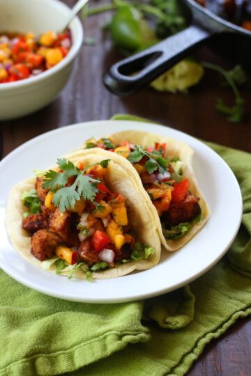 Chipotle Tempeh Tacos with Peach Salsa Recipe By OhMyVeggies.com