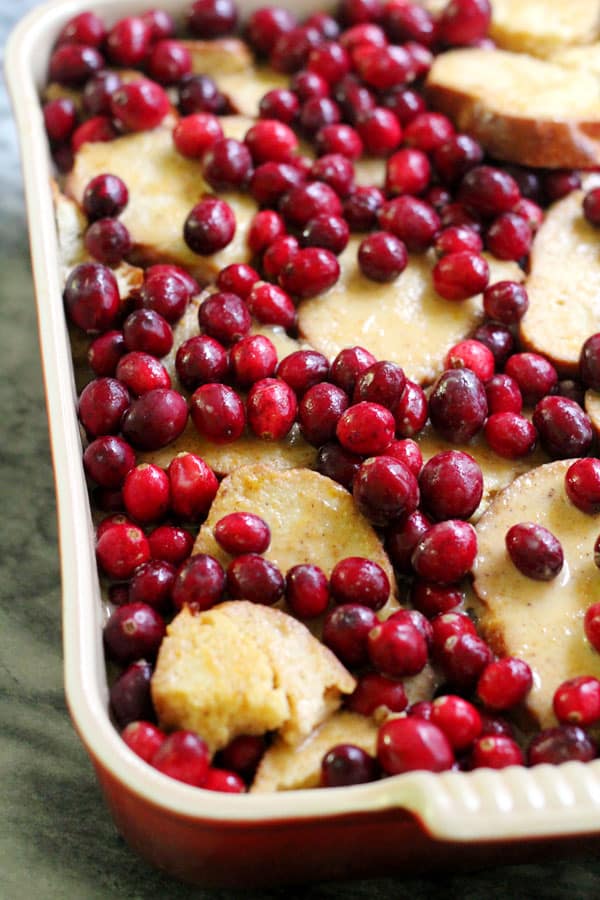 pumpkin french toast topped with fresh cranberries