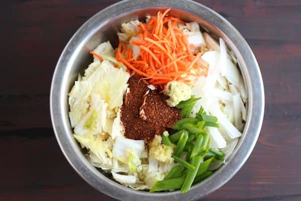 mixing the vegan kimchi ingredients