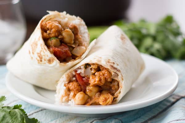 Indian Curried Cauliflower & Chickpea Burritos