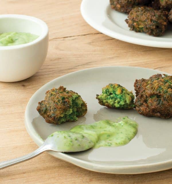 Spinach and Chickpea Spoon Fritters with Creamy Avocado Cilantro Sauce