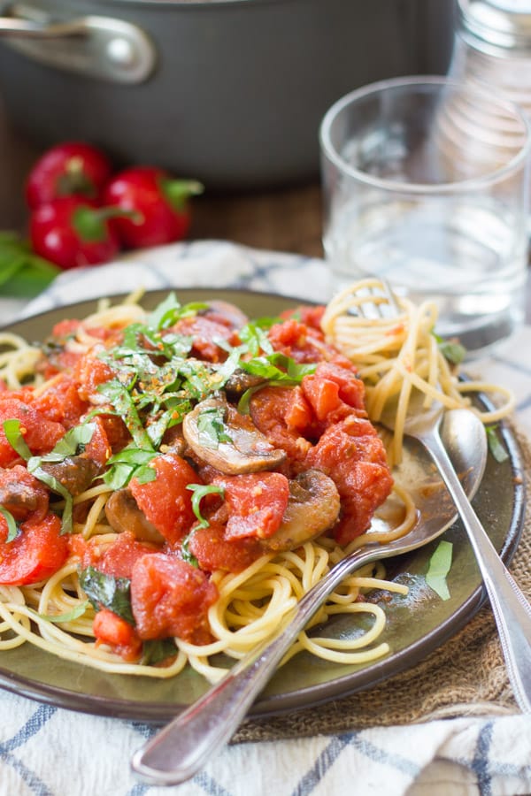 Spaghetti All'arrabbiata with Mushrooms and Bell Peppers