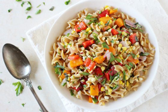 Bell Pepper and Corn Pasta Salad By OhMyVeggies.com