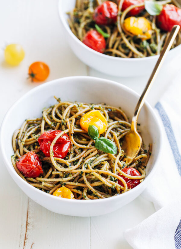 Kale Pesto Pasta with Burst Cherry Tomatoes