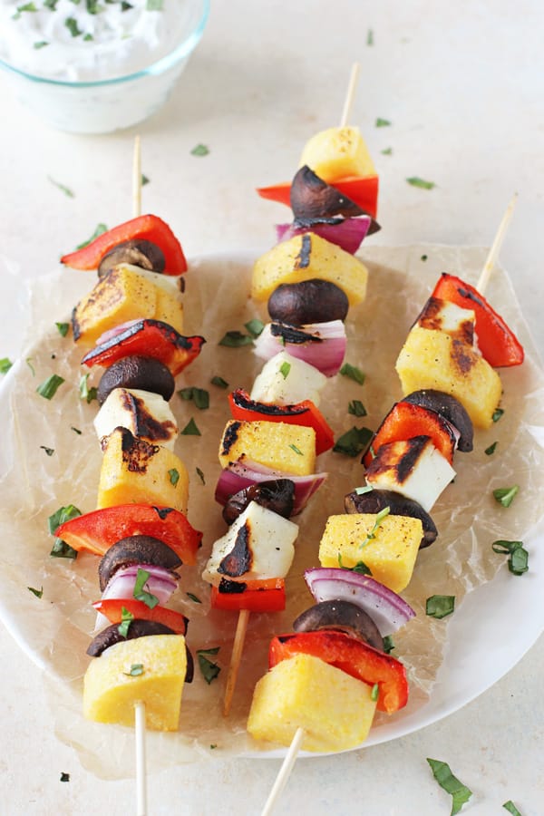 Polenta, Veggie and Halloumi Kabobs