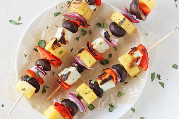 17 Delicious Vegetarian Dinners You Can Make with a Tube of Polenta: Polenta, Veggie and Halloumi Kabobs