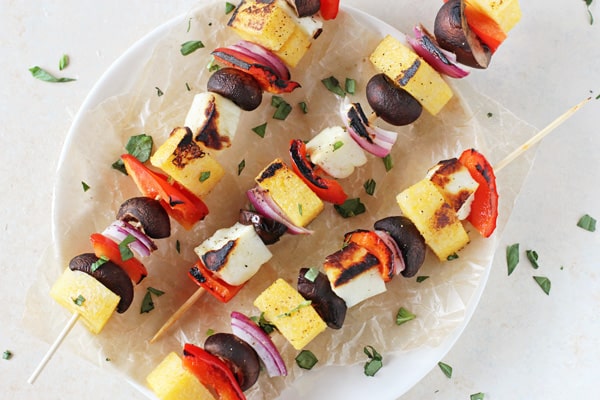 Polenta, Veggie and Halloumi Kabobs