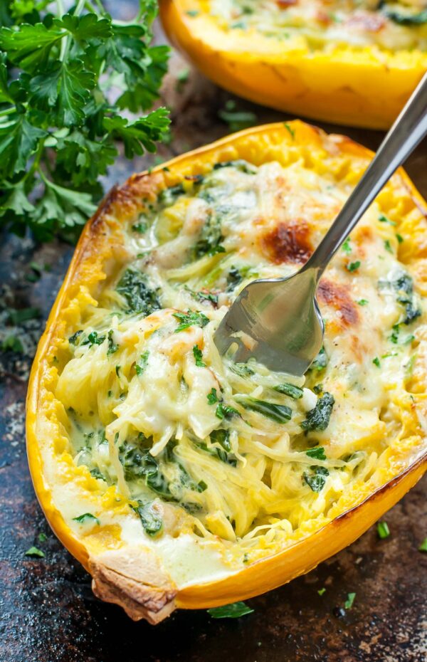 Garlic Parmesan Spinach Stuffed Spaghetti Squash