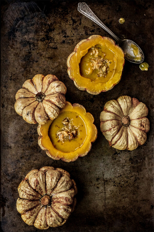 Pumpkin coconut soup with walnut gremolata