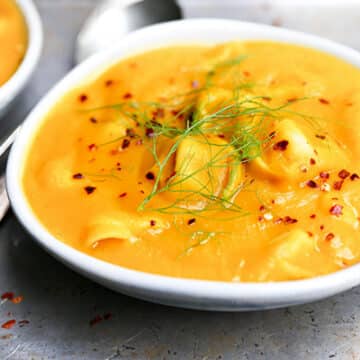 Roasted Butternut Squash and Fennel Soup with Cheese Tortellini