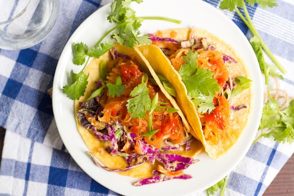 Pulled Spaghetti Squash Tacos with Avocado Slaw